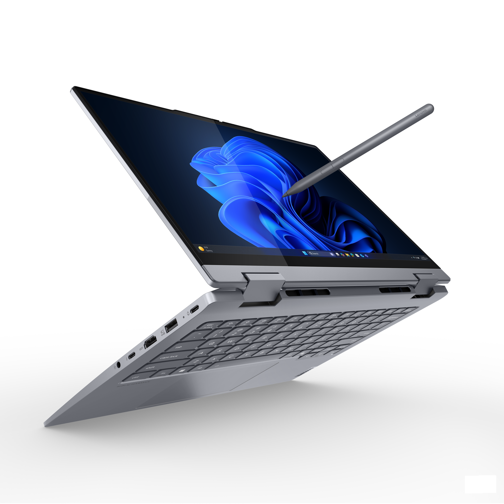 Laptop mit Stift. Der Bildschirm zeigt ein blaues abstraktes Bild. Der Laptop ist geöffnet. Schwarzer Hintergrund.