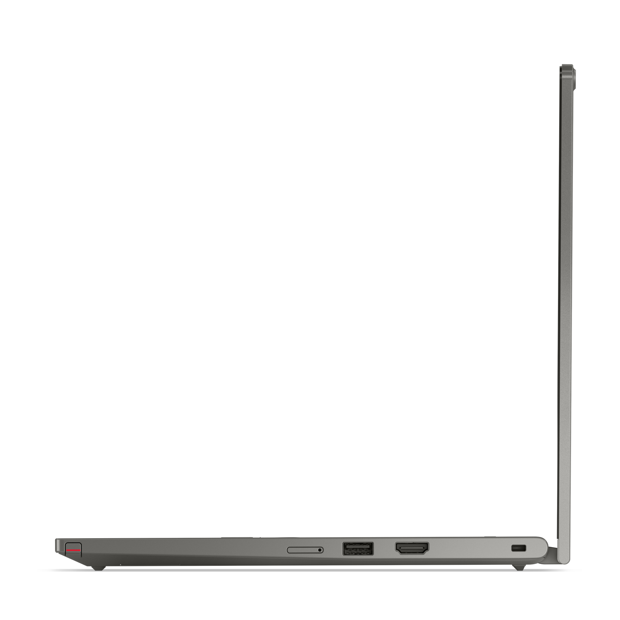 Seitenansicht eines silbernen Laptops vor schwarzem Hintergrund. Anschlüsse sind sichtbar.