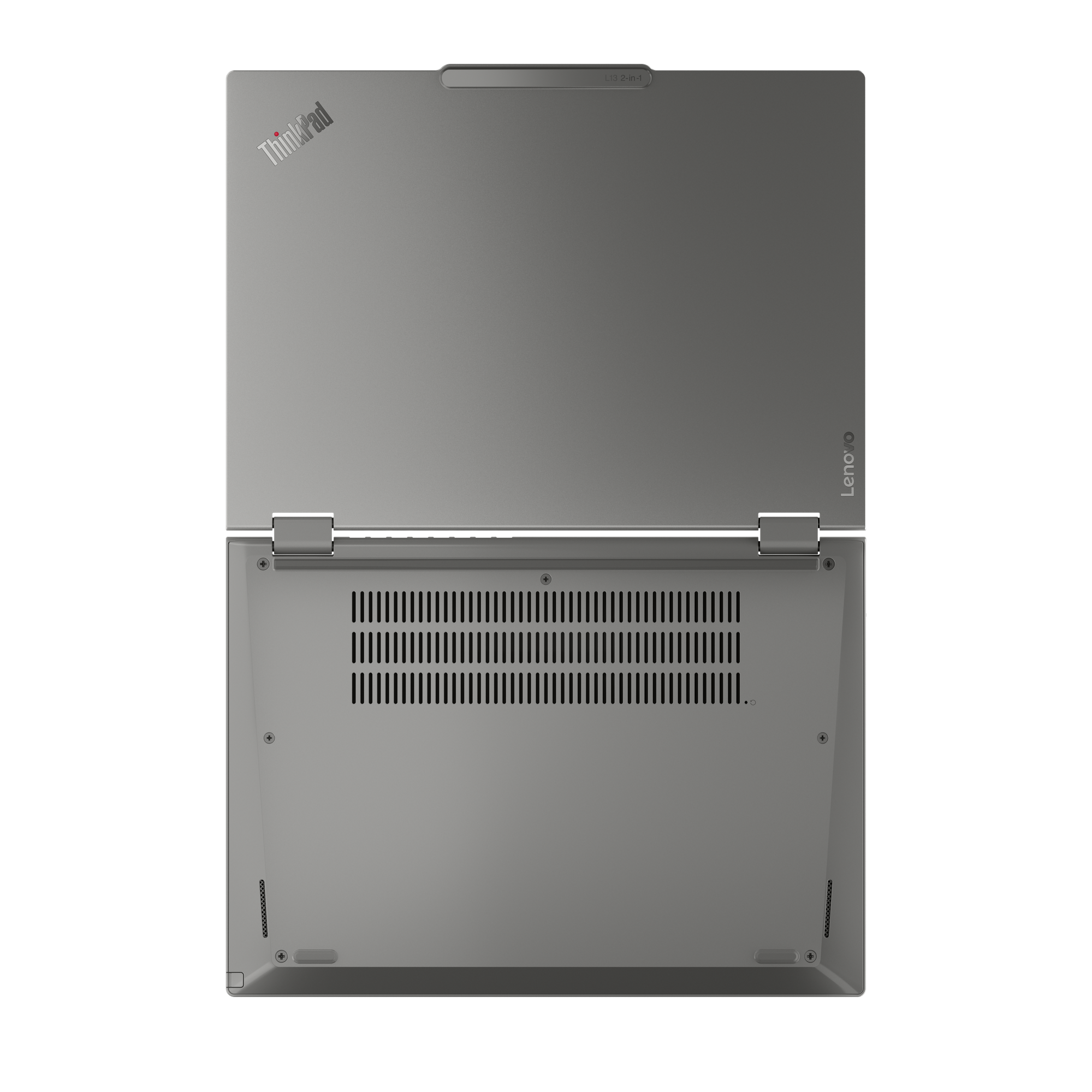 Draufsicht auf einen grauen Lenovo ThinkPad Laptop, geöffnet. Der Bildschirm ist oben, die Basis unten. Schwarzer Hintergrund.