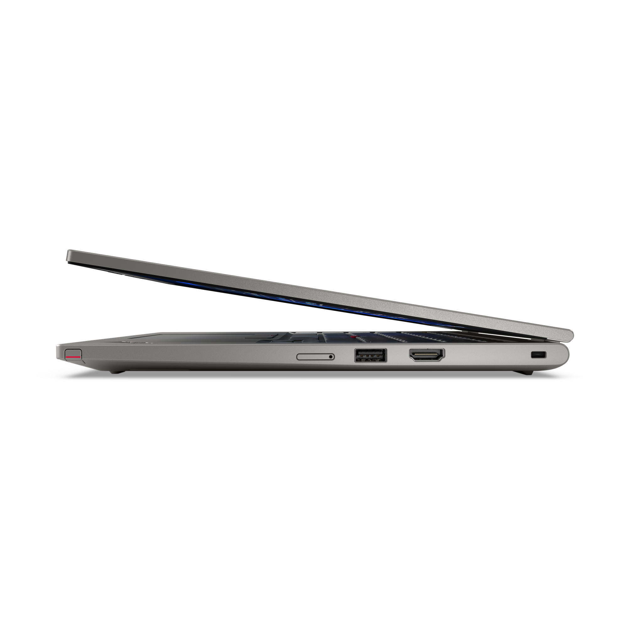 Seitenansicht eines silbernen Laptops, geöffnet. Sichtbare Anschlüsse sind USB, HDMI und ein Stromanschluss. Schwarzer Hintergrund.