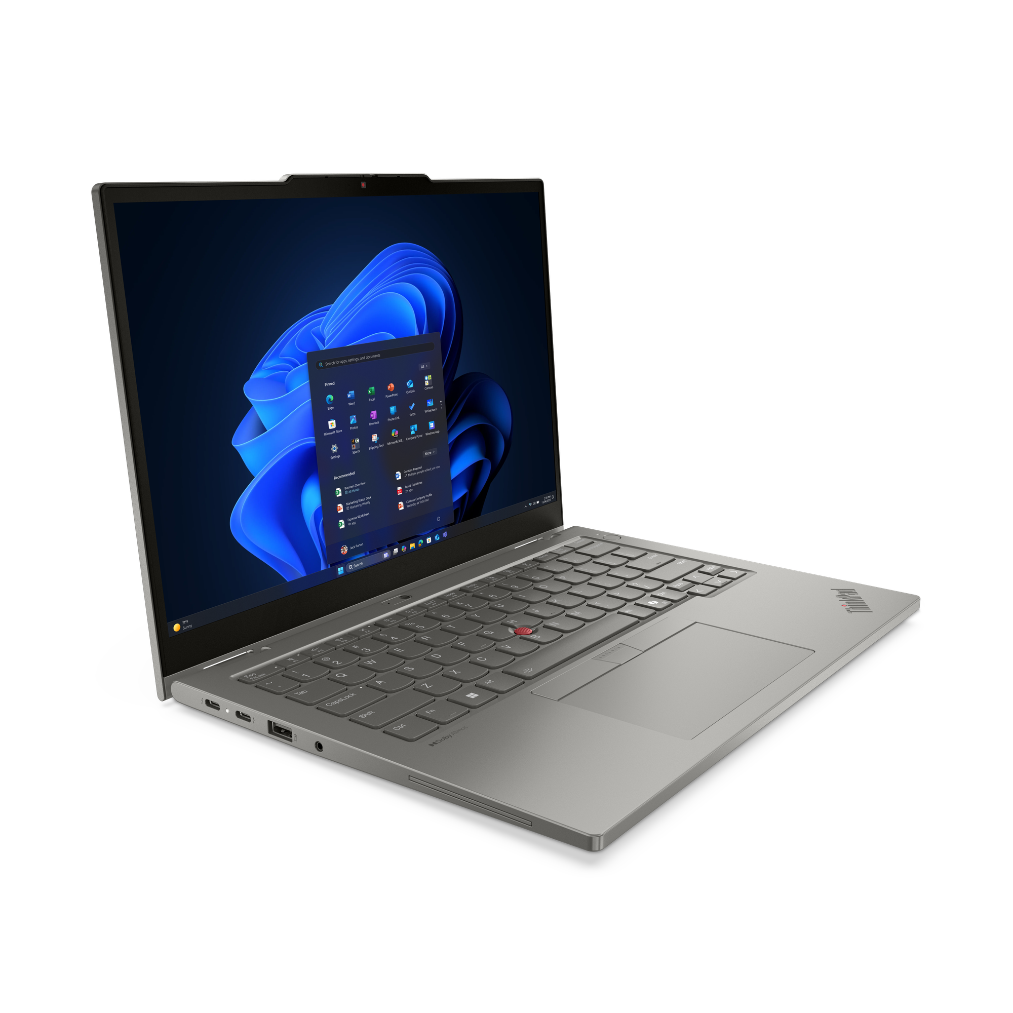 Silberner Laptop auf schwarzem Grund. Der Bildschirm zeigt eine Windows-Oberfläche mit blauen App-Symbolen und blauem Hintergrund.