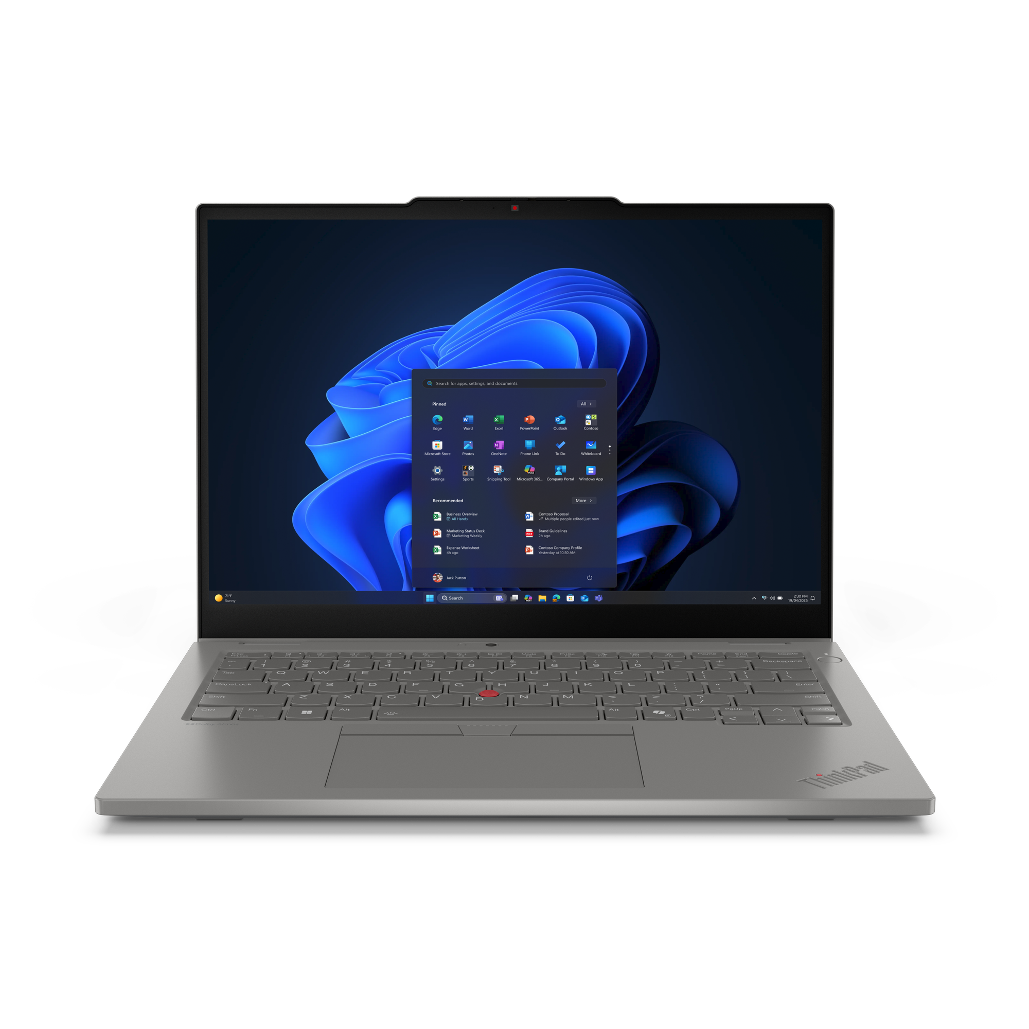 Ein silbernes ThinkPad-Laptop zeigt das Windows 11-Startmenü. Die Tastatur ist sichtbar. Der Bildschirm zeigt App-Symbole und eine Suchleiste.