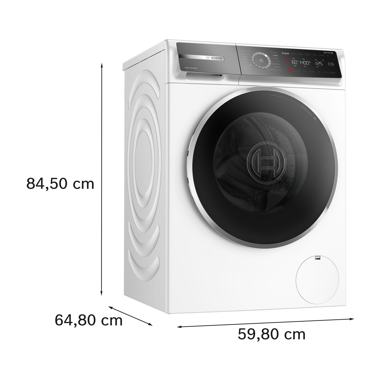Una lavatrice Bosch bianca con porta nera. Dimensioni: 84,50 cm di altezza, 64,80 cm di profondità e 59,80 cm di larghezza.