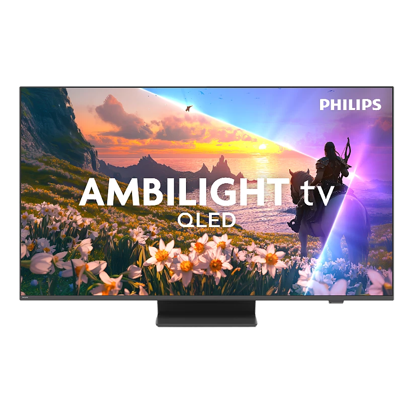 Philips Ambilight QLED TV zeigt ein Landschaftsbild mit einem Krieger auf einem Pferd. Blumen im Vordergrund, Berge und Himmel im Hintergrund.