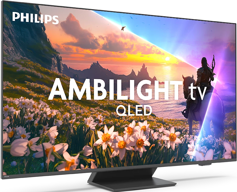 Philips Ambilight QLED Fernseher. Das Display zeigt ein Bild eines Reiters auf einem Pferd, Blumen im Vordergrund und Berge im Hintergrund.