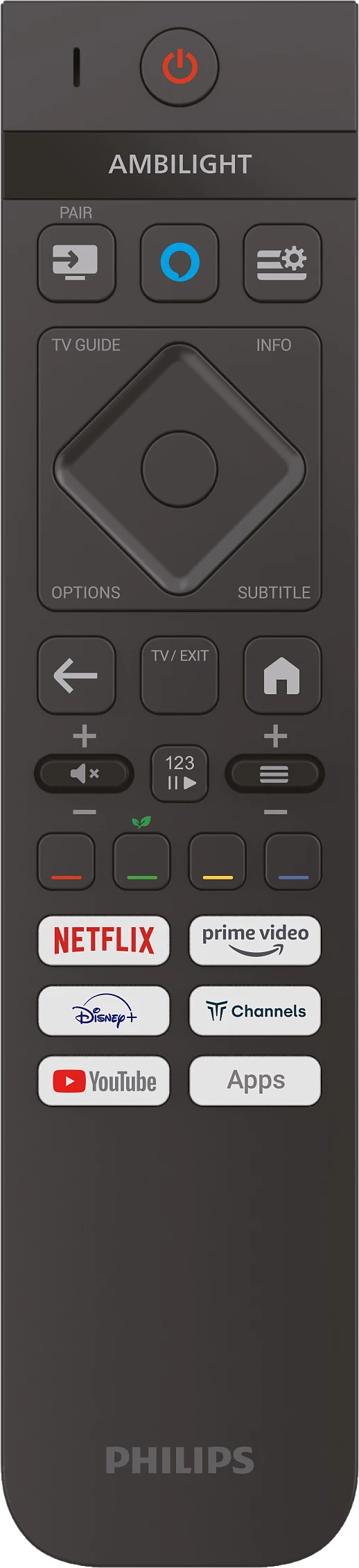 Eine schwarze Philips-TV-Fernbedienung. Sie hat Tasten für Ambilight, Netflix, YouTube und andere Streaming-Dienste.