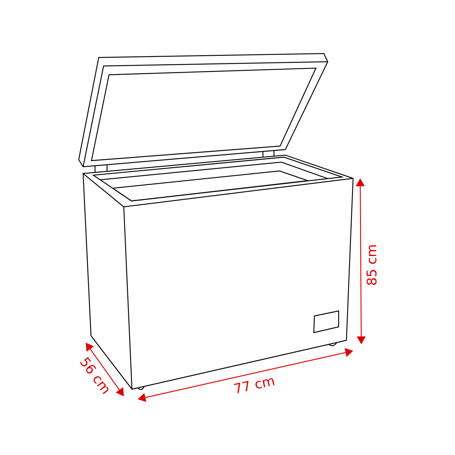 An open white chest freezer. Dimensions are labeled: 77cm long, 56cm wide, and 85cm high. The lid is open.