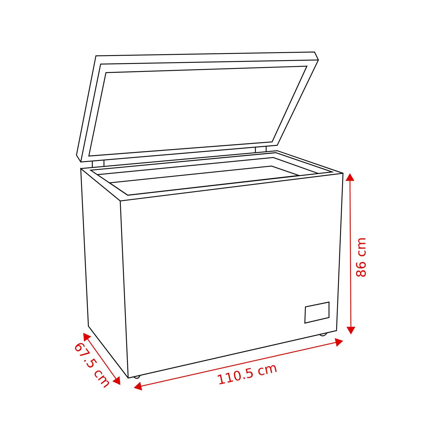 Un congélateur coffre blanc ouvert avec des dimensions étiquetées. Le couvercle est ouvert. Le congélateur est sur fond blanc.