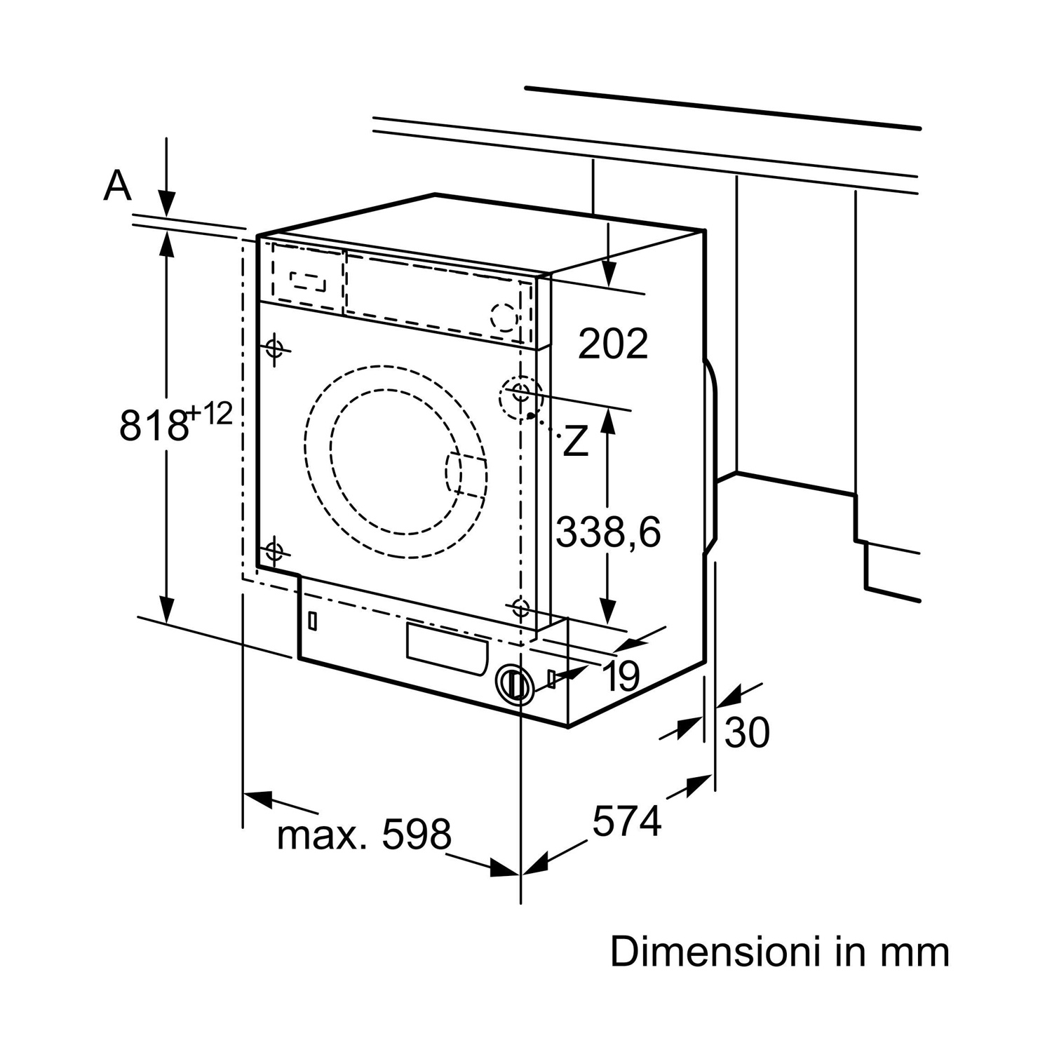 Diagramma di una lavatrice con dimensioni in millimetri. Misure includono altezza, larghezza e profondità, con etichette come 'max. 598'.