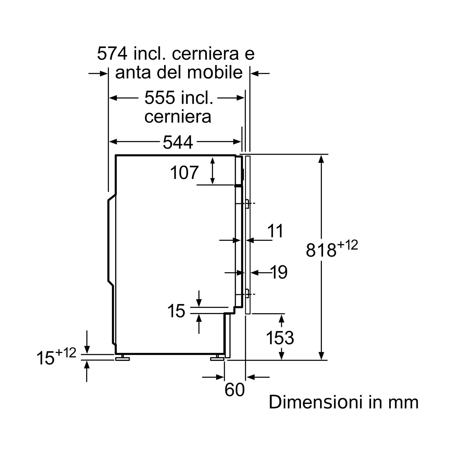 Un diagramma che mostra le dimensioni in mm per un mobile. Include misure come 574, 555, 544, 107, 818, 15, 19, 153 e 60.