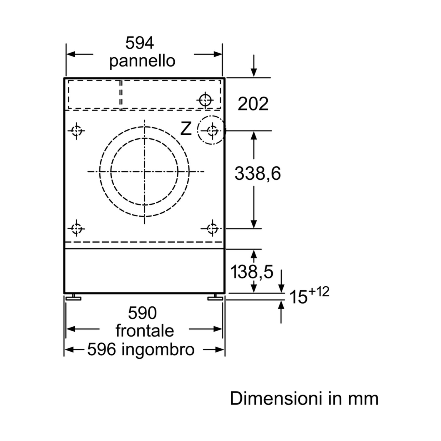 Disegno tecnico di una macchina, che mostra le dimensioni in millimetri. Presenta misure etichettate per larghezza, altezza e profondità con valori specifici.