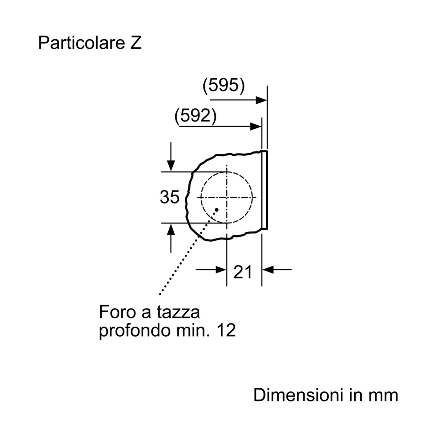 Disegno tecnico con dimensioni in mm. Mostra una sezione con un foro circolare, misurazioni e annotazioni testuali in italiano.