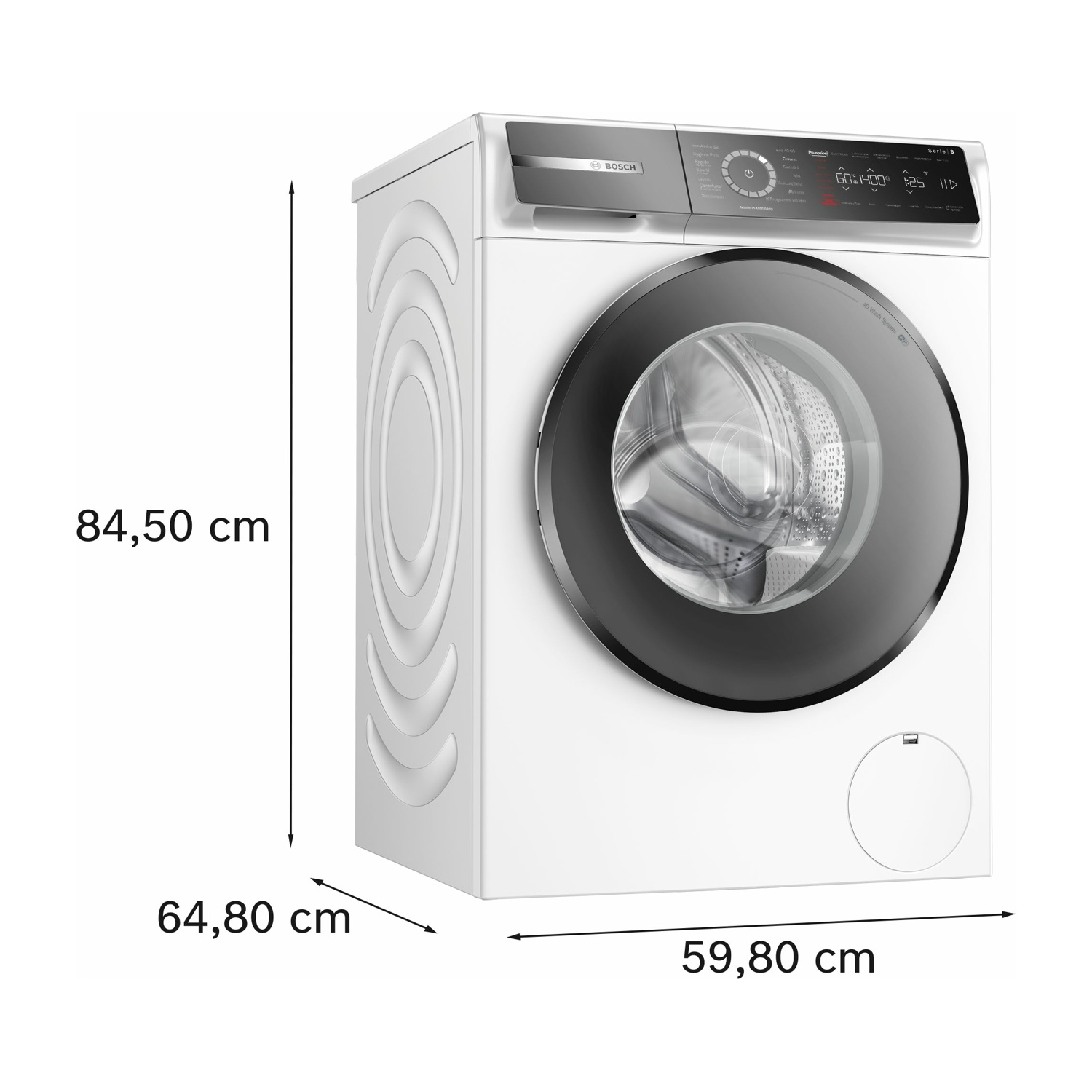 Una lavatrice Bosch bianca con porta nera. Dimensioni: sono indicate 84,50 cm di altezza, 64,80 cm di larghezza e 59,80 cm di profondità.