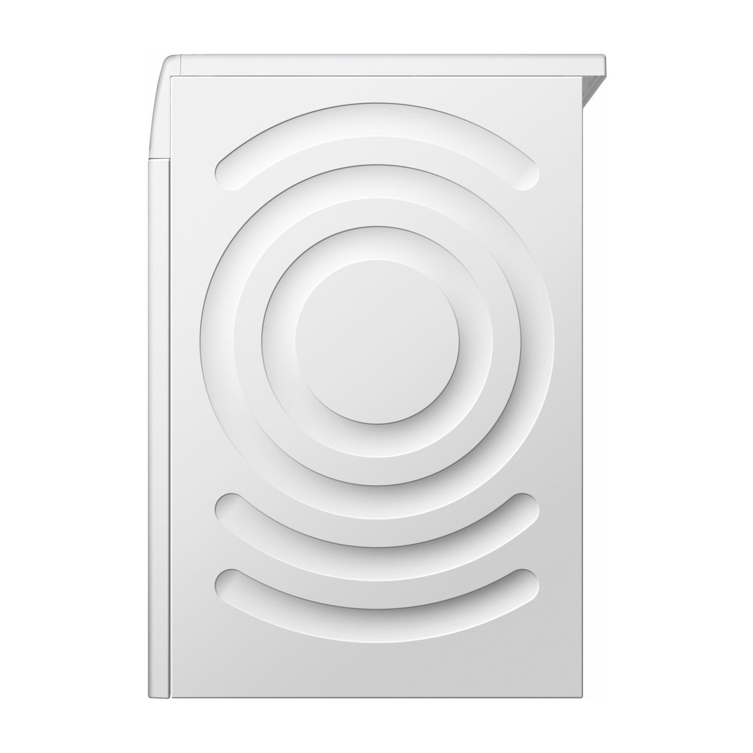 Un elettrodomestico bianco con un design circolare sulla parte anteriore. Il design presenta cerchi concentrici. I bordi sono lisci.