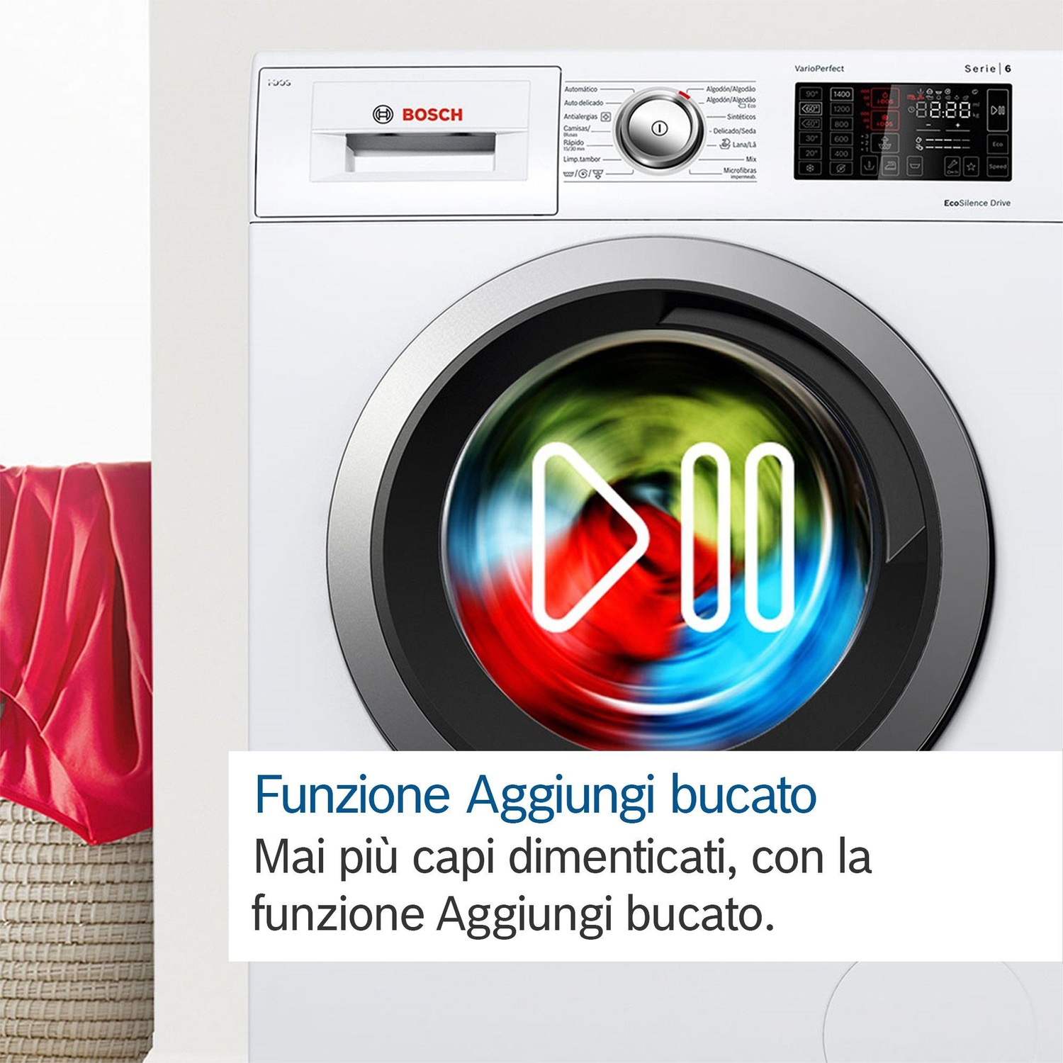 Lavatrice Bosch bianca con pulsante play rosso e bianco. Testo sotto: Funzione Aggiungi bucato.