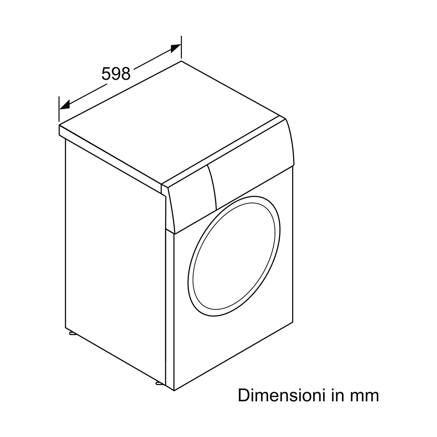 Disegno al tratto di una lavatrice. Mostra la dimensione 598 in mm. Testo in basso: Dimensioni in mm.