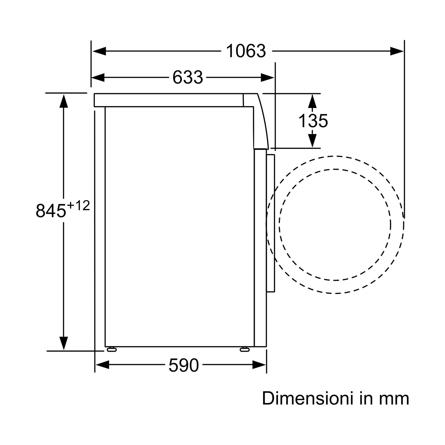 Diagramma vista laterale di un frigorifero con dimensioni in millimetri. Linee tratteggiate mostrano l'apertura della porta. Testo: Dimensioni in mm.