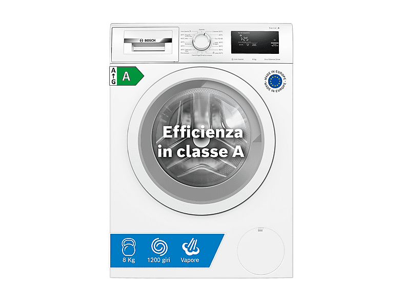 Bosch Wan24008Ii Lavatrice, Caricamento frontale, 8 kg, 10 programmi, Profondità 59 cm, Bianco, livello rumorosità centrifuga 71 dB(A), Classe A