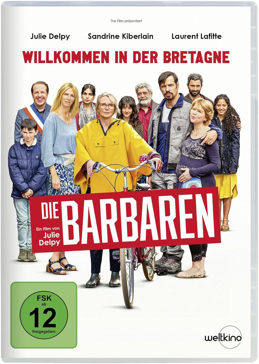 Filmposter mit Besetzung, Titel „Willkommen in der Bretagne“ und „Die Barbaren“. Menschen stehen um eine Frau auf einem Fahrrad. FSK 12 Logo.