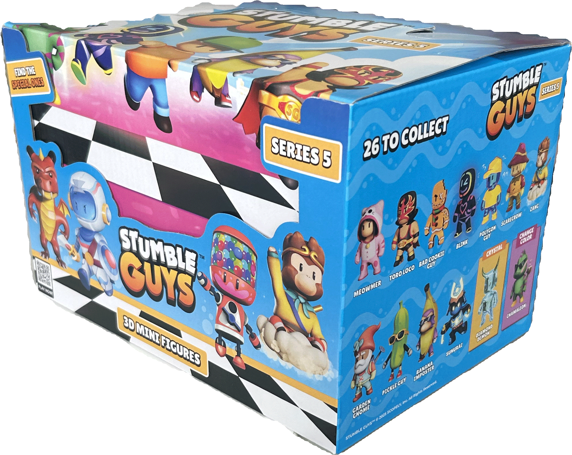 Eine Stumble Guys-Box mit Mini-Figuren wird ausgestellt. Es ist Serie 5, mit 26 zum Sammeln. Charaktere sind auf der Box sichtbar.