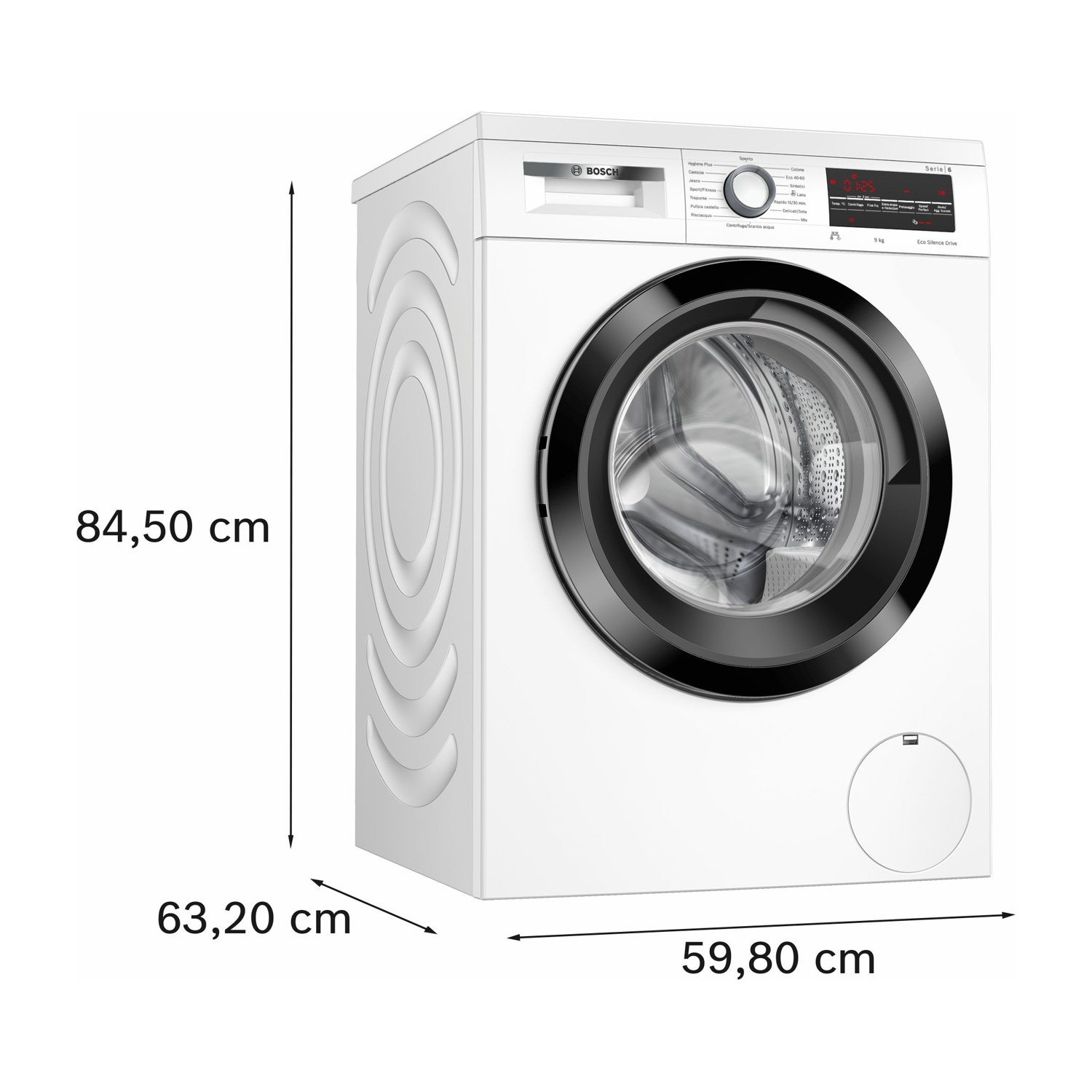 Una lavatrice Bosch bianca con porta nera. Dimensioni: 84,50 cm di altezza, 63,20 cm di profondità e 59,80 cm di larghezza.