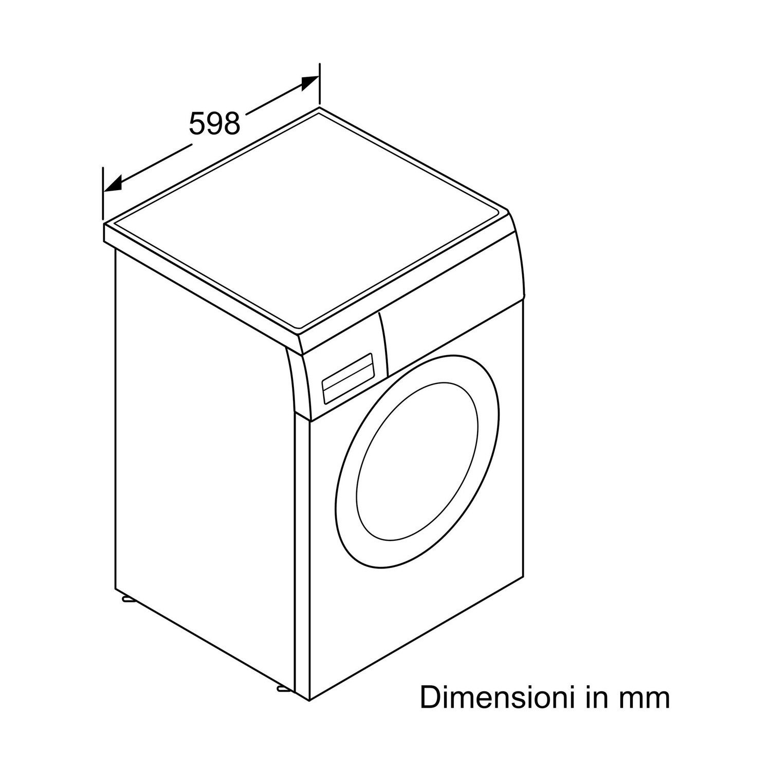 Disegno a tratto di una lavatrice. In alto è indicata una dimensione di 598 mm. Il testo sottostante recita 'Dimensioni in mm'.