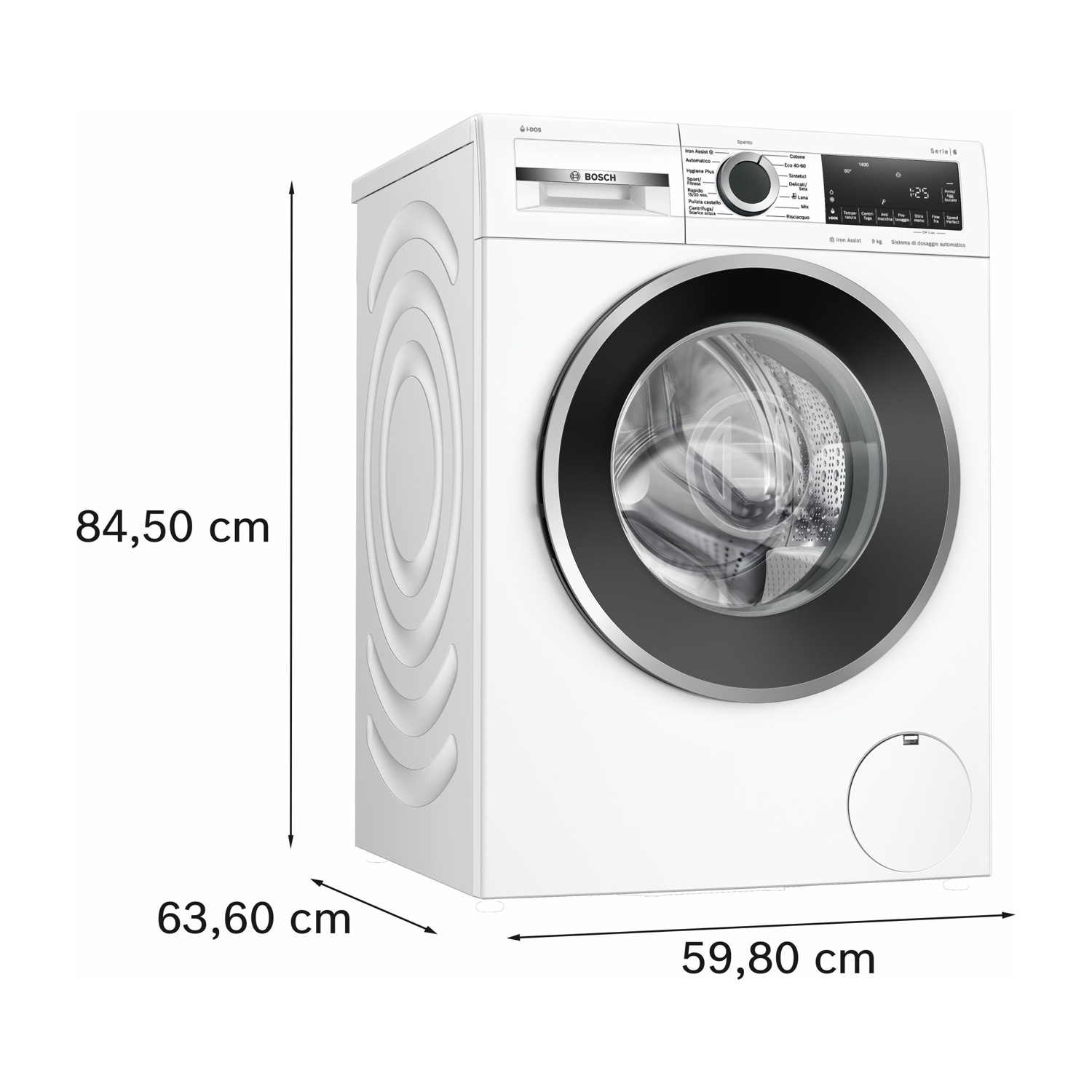Lavatrice Bosch bianca con dettagli neri. Dimensioni: 84,50 cm altezza, 63,60 cm larghezza e 59,80 cm profondità.