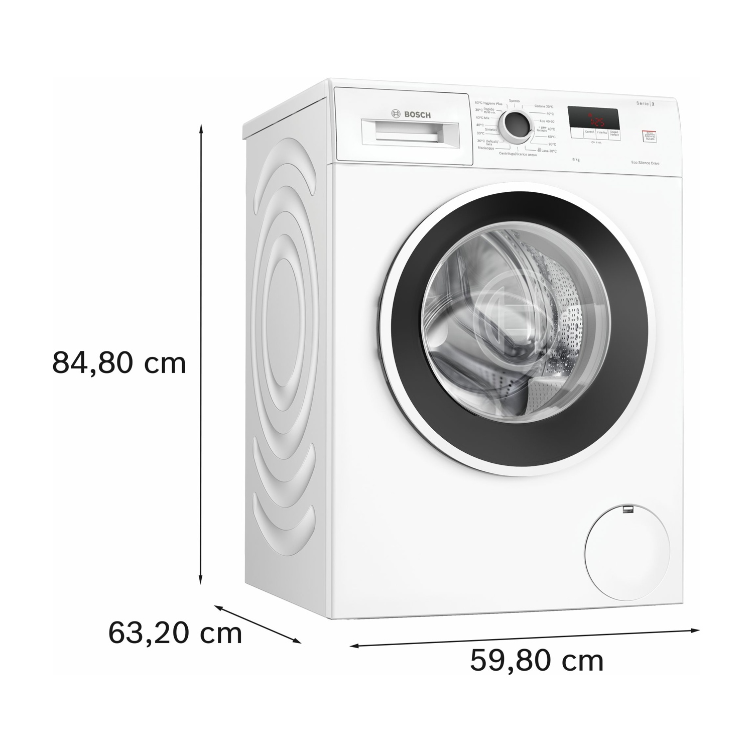 Una lavatrice Bosch bianca. Le dimensioni sono indicate sull'immagine: 84,80 cm di altezza, 63,20 cm di larghezza e 59,80 cm di profondità.
