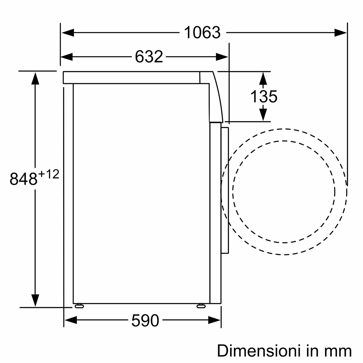 Vista laterale di un elettrodomestico con dimensioni in mm. Le misure includono altezza, larghezza e profondità, con un contorno tratteggiato circolare sul lato.