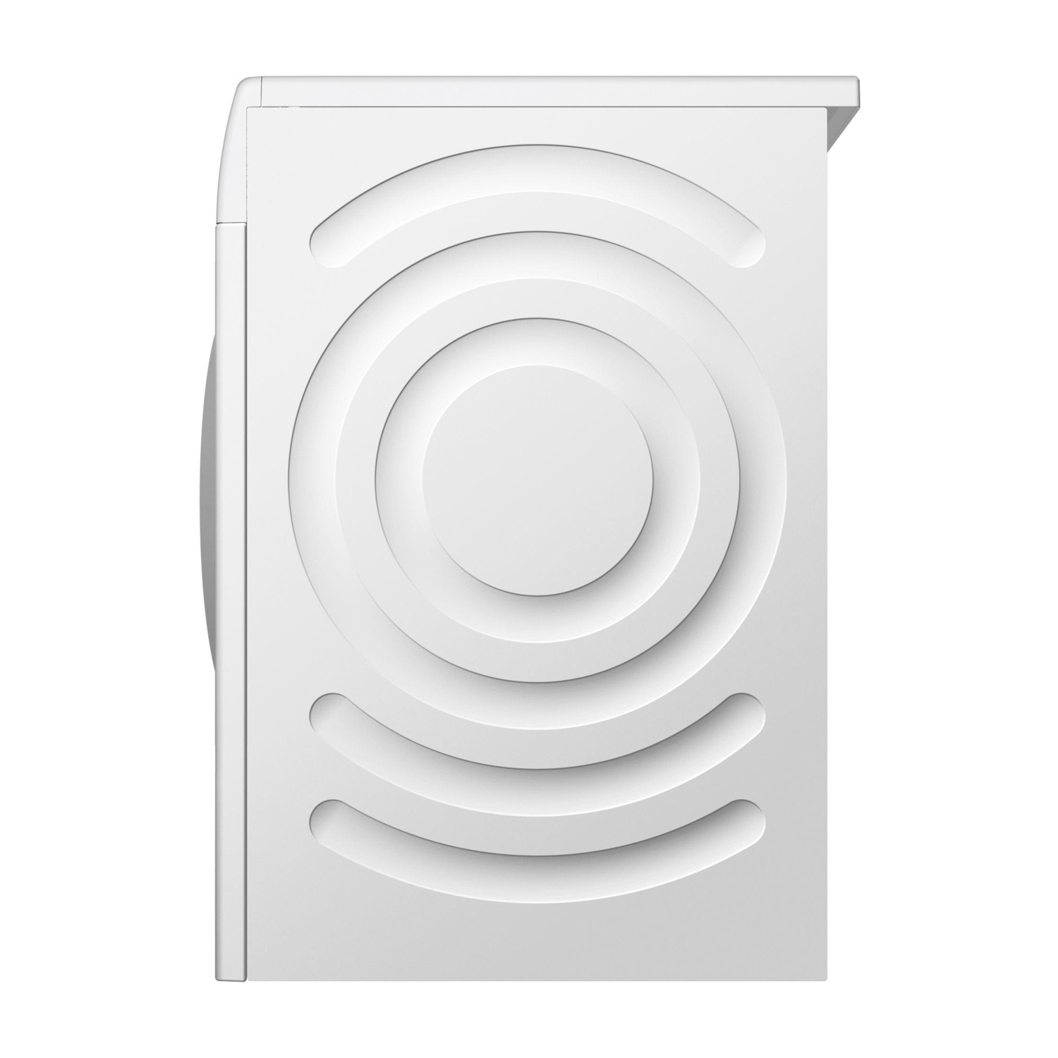 Una lavatrice bianca, vista laterale. Il pannello frontale presenta cerchi concentrici e scanalature curve. Il design è moderno e minimalista.