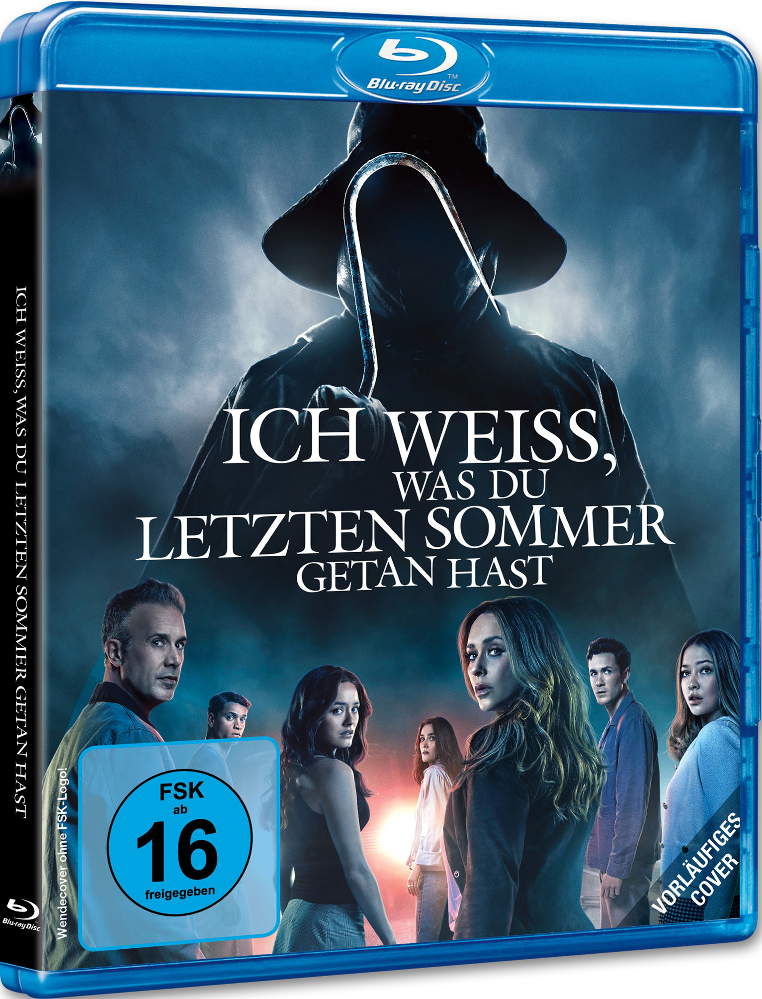 Blu-ray-Cover von 'Ich weiß, was du letzten Sommer getan hast'. Eine Kapuzenfigur mit Haken, Titeltext und eine Gruppe verängstigter Personen.