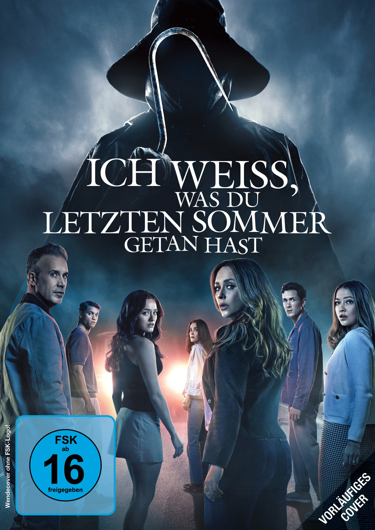 Filmplakat mit einer Kapuzenfigur, die einen Haken über einer Gruppe von Menschen hält. Titel: Ich weiß, was du letzten Sommer getan hast.