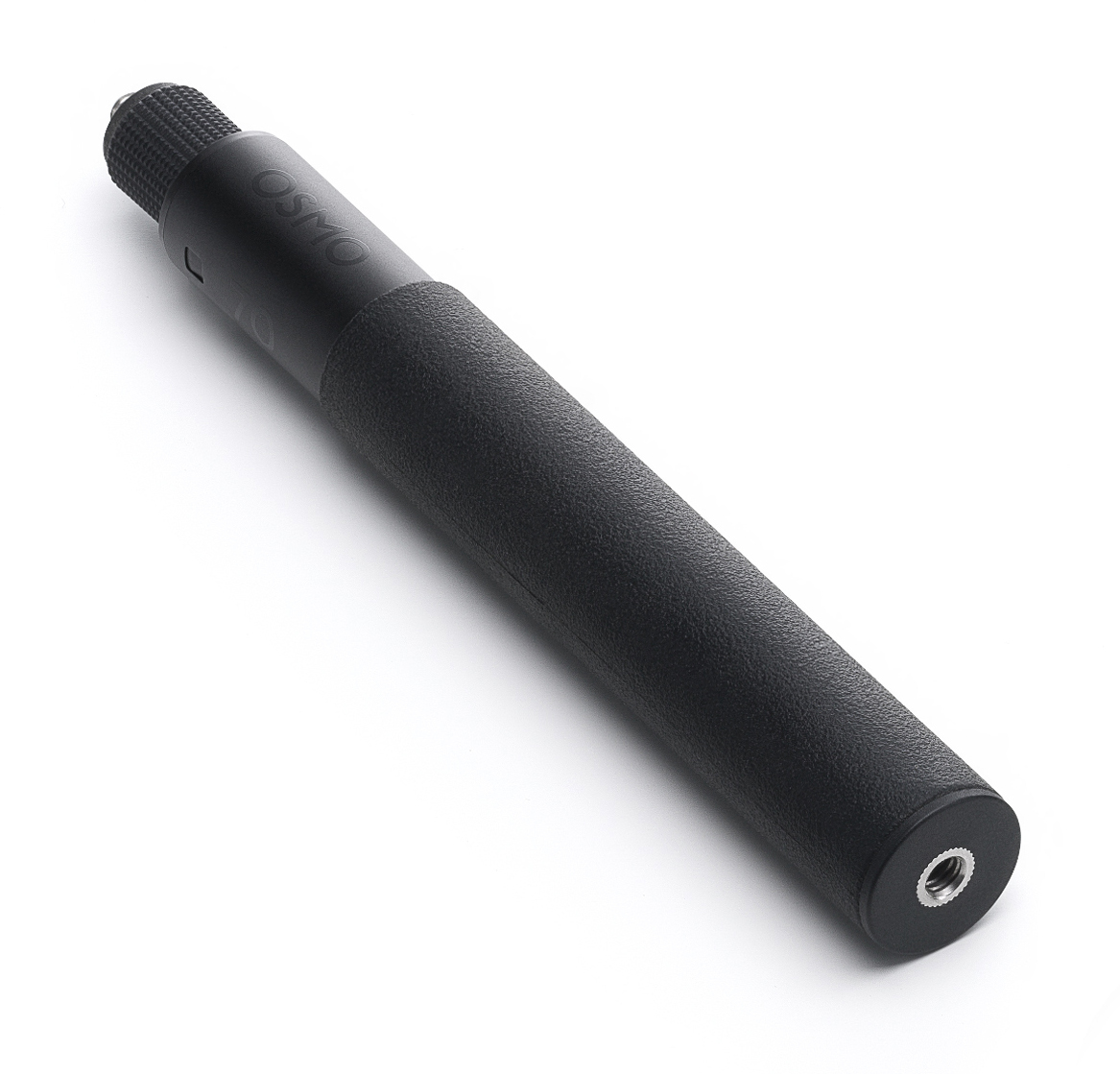 Czarny Osmo leży na białej powierzchni. Jest cylindryczny z teksturowanym uchwytem. Góra ma żebrowaną fakturę, a dół otwór na śrubę.