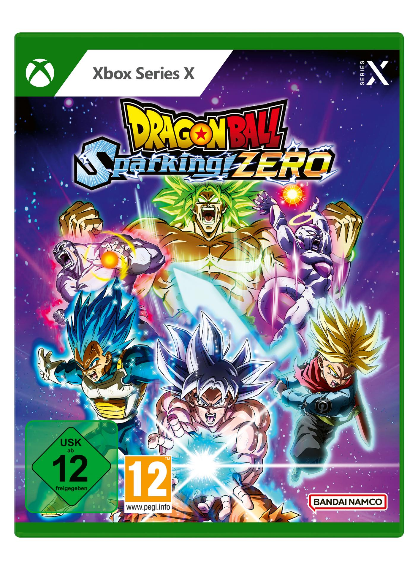 Okładka gry Dragon Ball Sparking Zero. Postacie w akcji, żywe kolory, fioletowe tło. Logo Xbox Series X, klasyfikacje wiekowe i Bandai Namco.