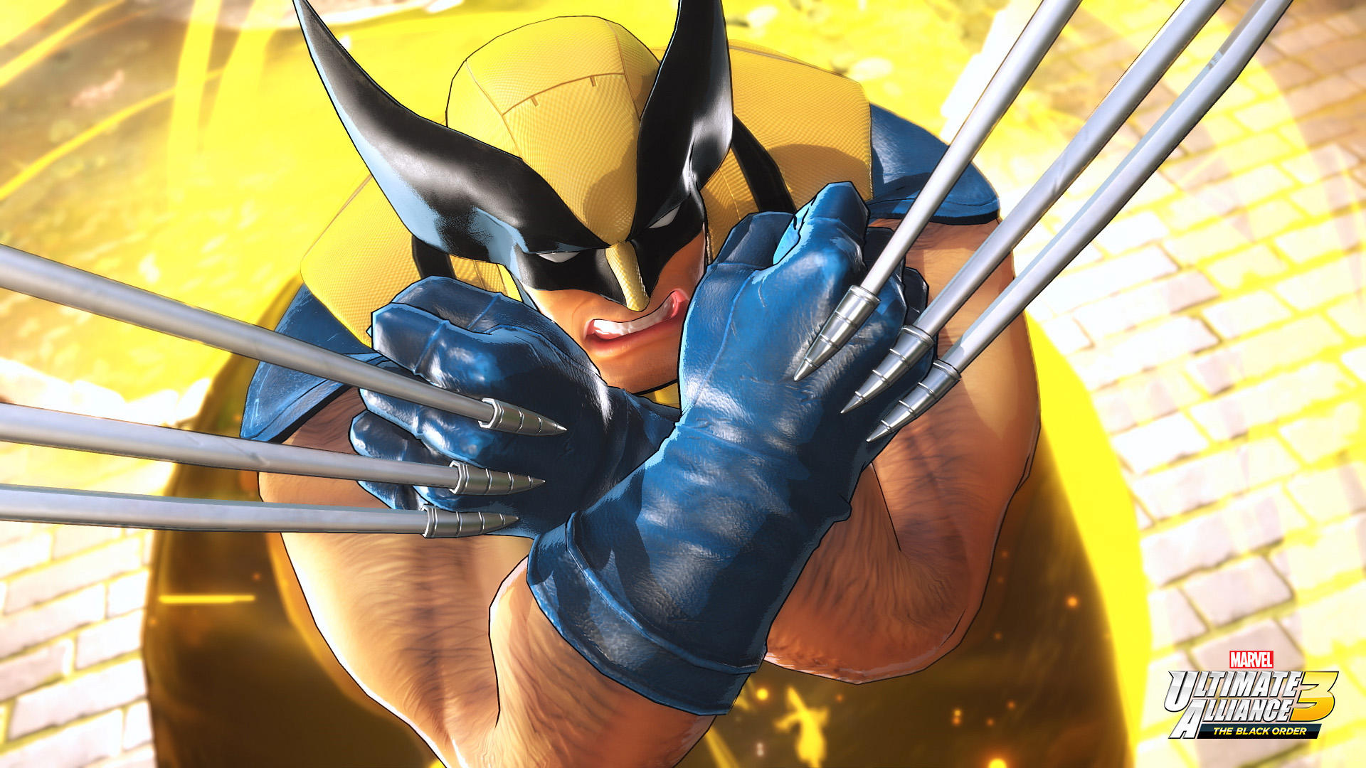 Wolverine w żółto-czarnym kostiumie, z wysuniętymi pazurami. Niebieskie rękawice i groźna mina. Tło jest żółte i logo.