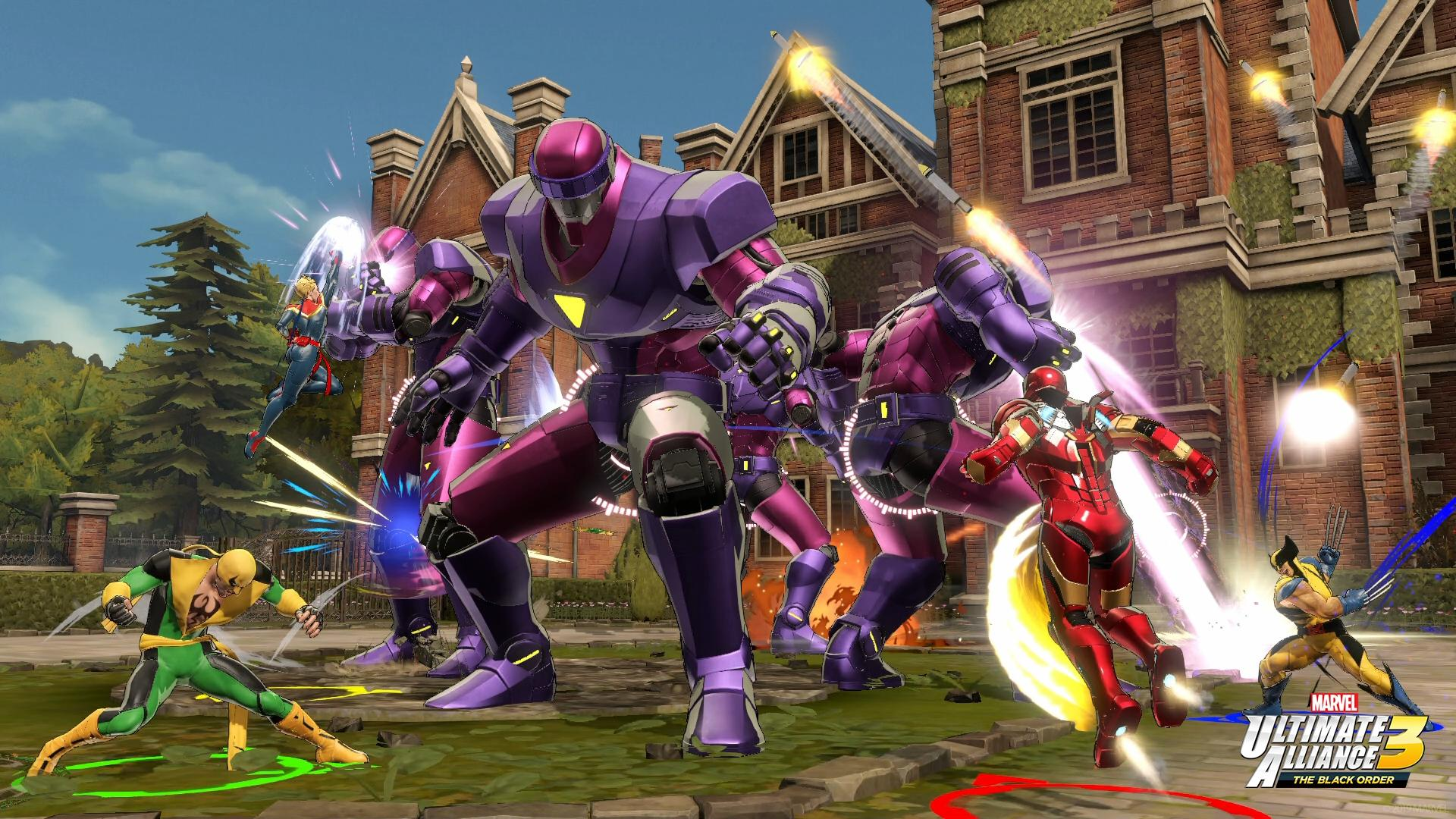 Scena z gry Marvel Ultimate Alliance 3. Strażnicy walczą z Iron Manem, Wolverine'em, Iron Fistem i Kapitan Marvel. Budynki w tle.