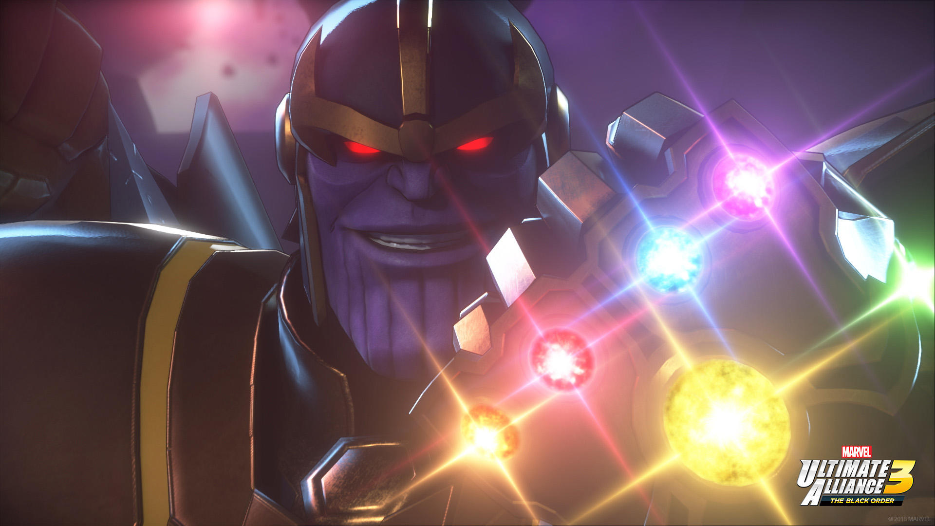 Thanos z Rękawicą Nieskończoności, pokazujący świecące klejnoty. Czerwone oczy, uśmiech i ciemne tło.