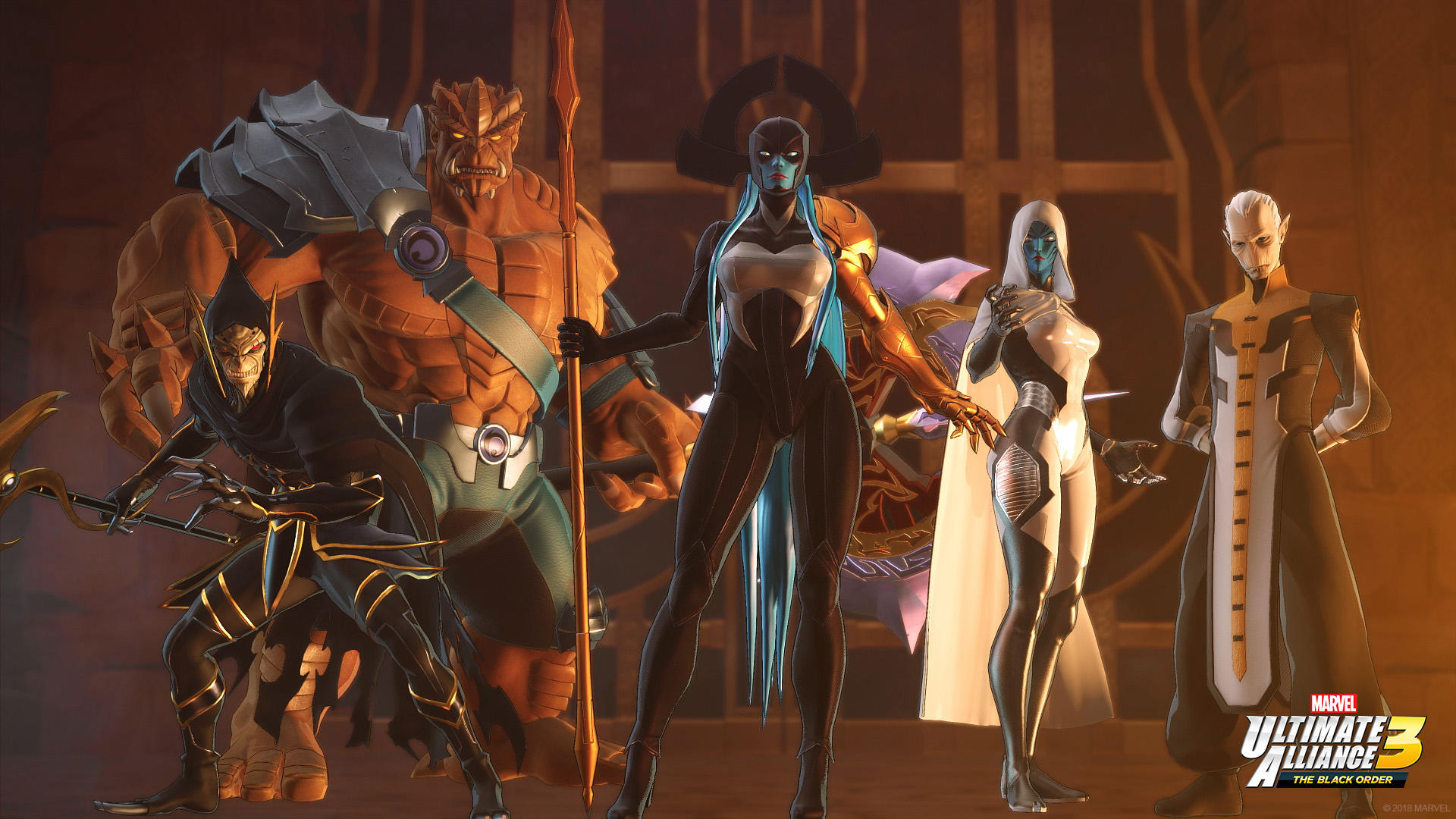 Marvel Ultimate Alliance 3: The Black Order. Grupa postaci, w tym Thanos, Corvus Glaive i Proxima Midnight.