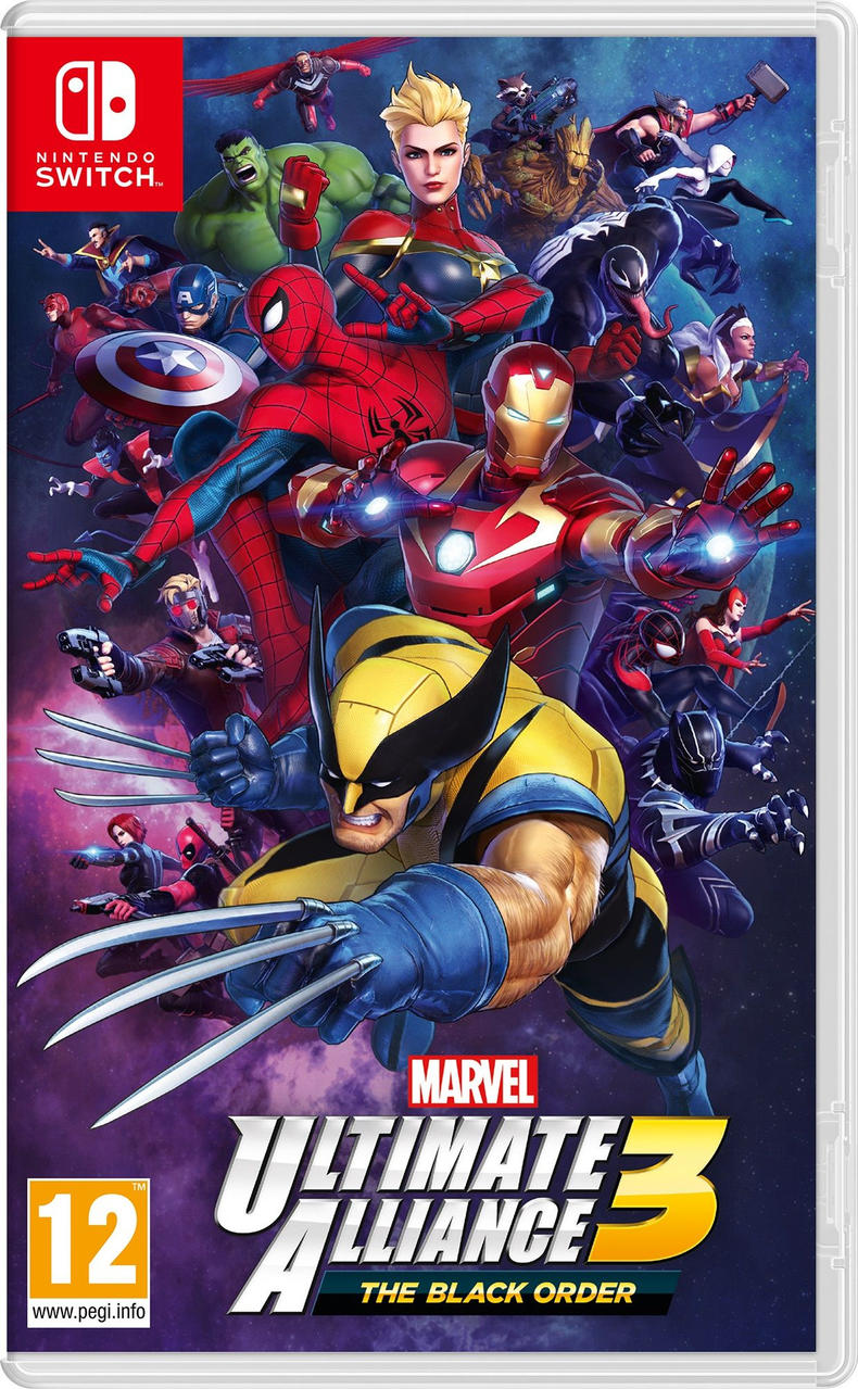Okładka gry Marvel Ultimate Alliance 3. Wolverine i inni bohaterowie Marvela. Logo Nintendo Switch w lewym górnym rogu.