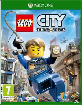 Okładka gry Lego City. Policjant Lego wisi na linie. Tło przedstawia budynki i radiowóz.