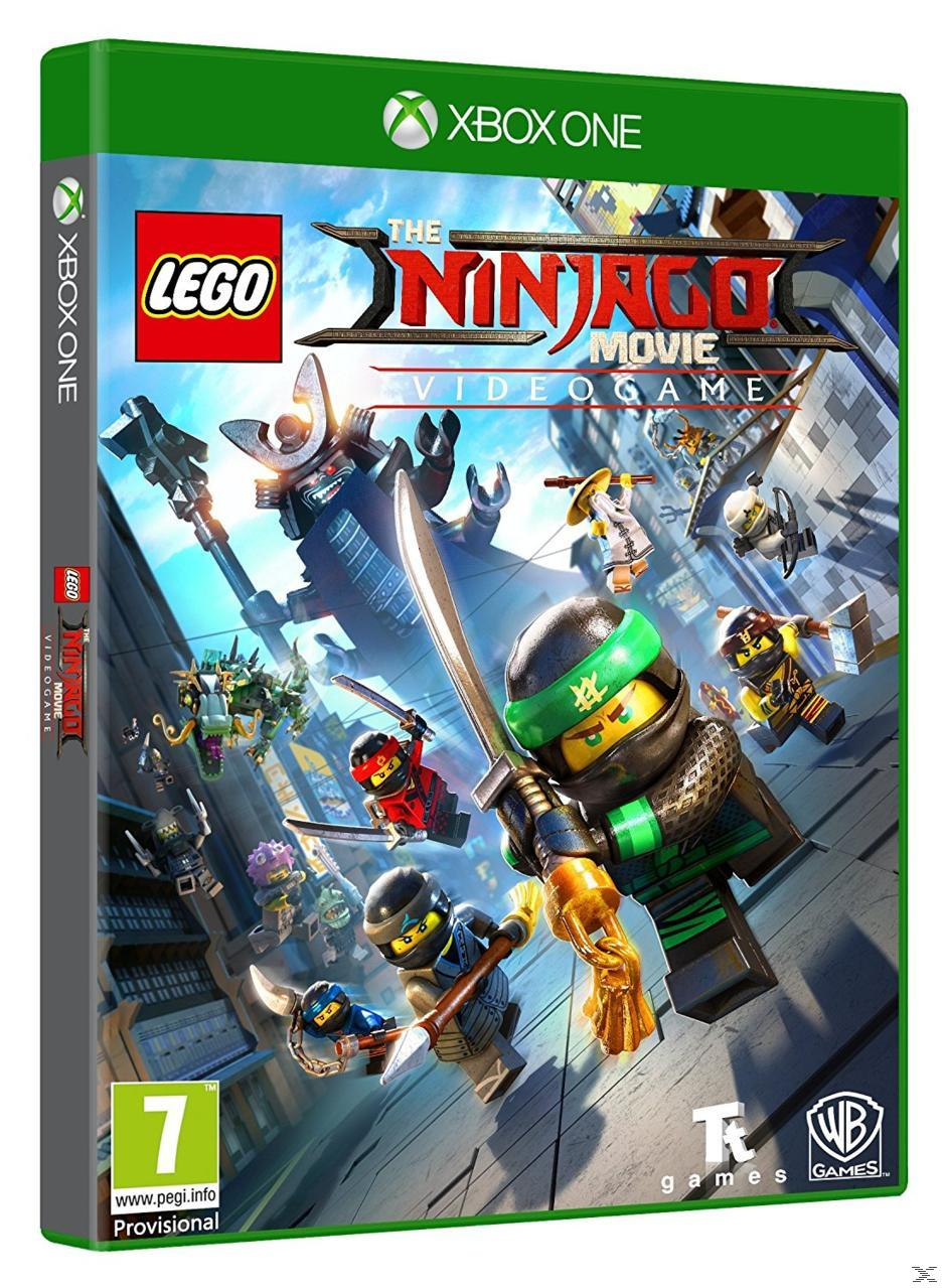 Pudełko z grą Lego Ninjago Movie na Xbox One. Ninja walczący mieczami, duży robot w tle i logo Lego.