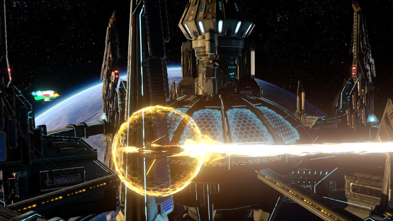 Futurystyczna stacja kosmiczna z tarczami energetycznymi, wiązkami i planetą w tle. Statek jest w tarczy.