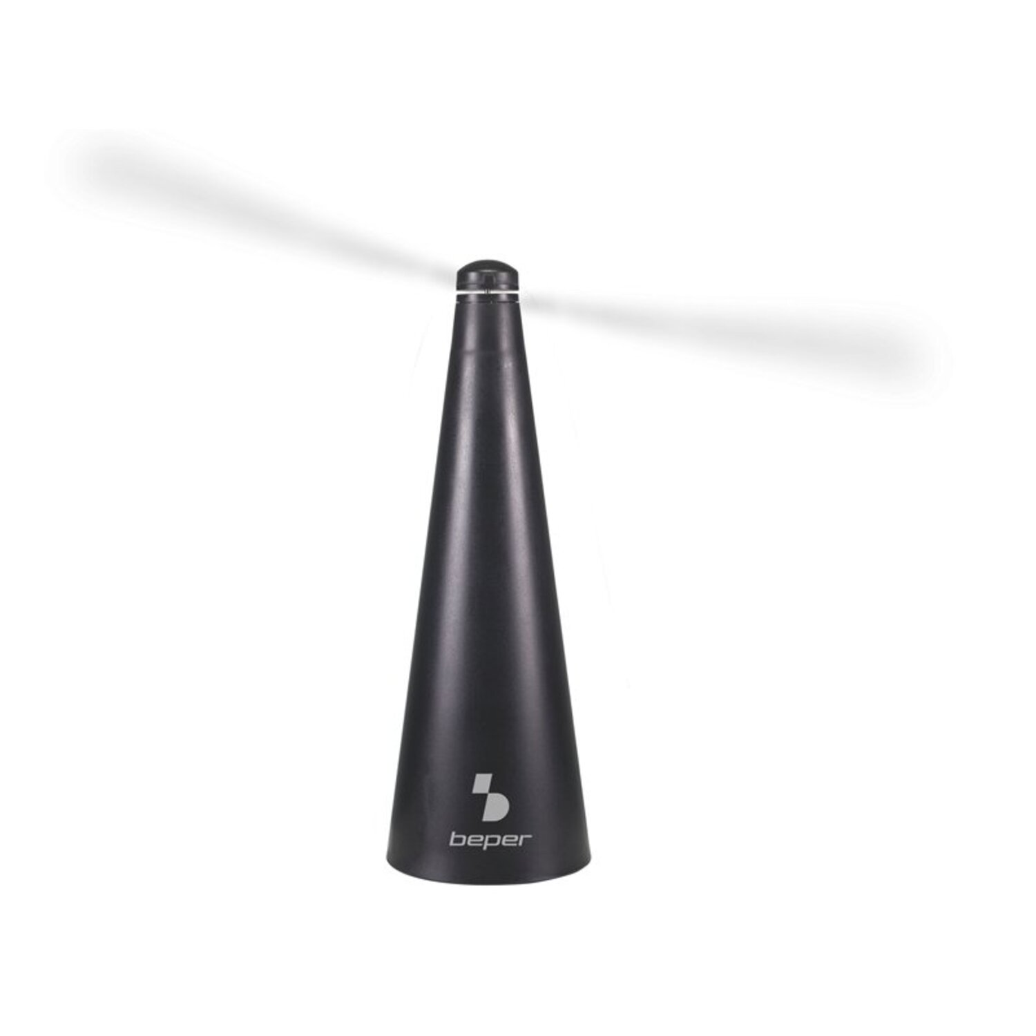 Een zwarte, kegelvormige insectenwerende middel met twee witte bladen bovenaan. Het merk 'beper' staat op de basis. Witte achtergrond.