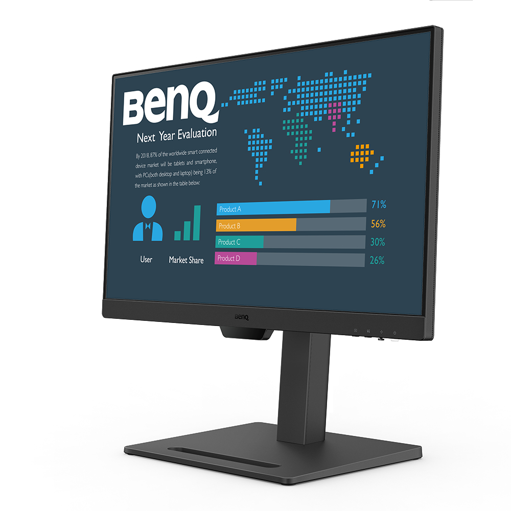 Ein schwarzer BenQ-Monitor zeigt ein Marktanteilsdiagramm an. Der Monitor hat einen Ständer. Der Bildschirm zeigt Daten zur Produktleistung.