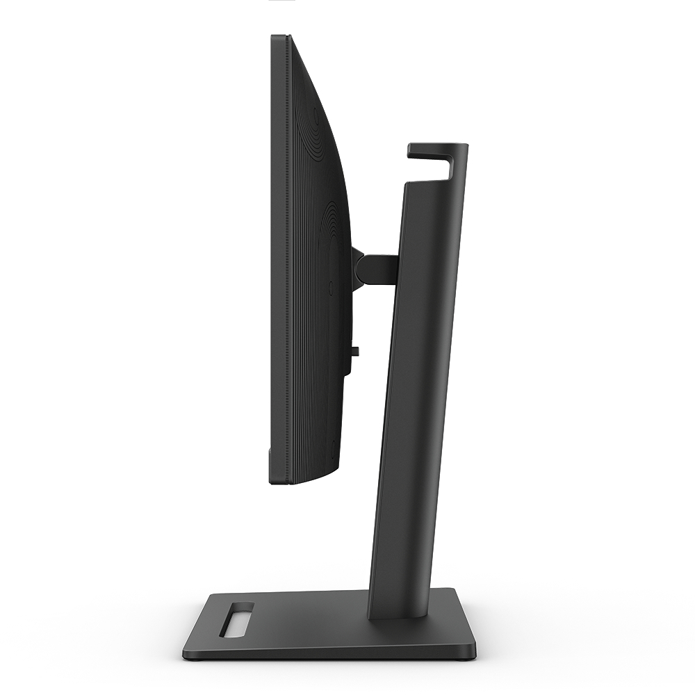 Seitenansicht eines schwarzen Computermonitors. Es hat einen Ständer und befindet sich vor einem weißen Hintergrund.