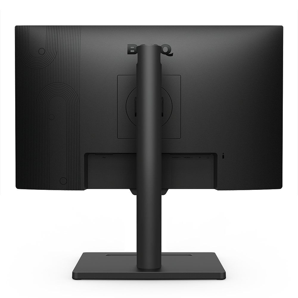 Rückseite eines schwarzen BenQ-Monitors. Er hat einen Ständer und Anschlüsse. Der Bildschirm ist schwarz.