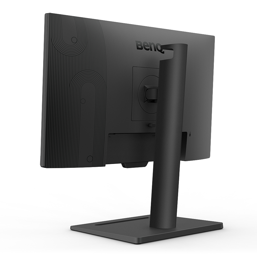 Schwarzer BenQ-Monitor, Rückansicht, auf weißer Oberfläche. Der Monitor wird von einem Ständer getragen. Das BenQ-Logo ist sichtbar.