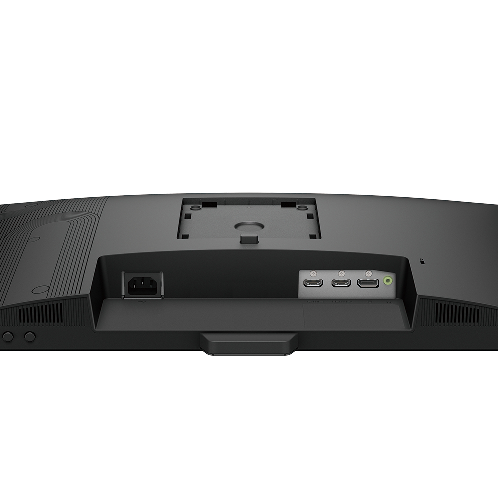 Rückseite eines schwarzen Computermonitors. Anschlüsse umfassen Strom, HDMI und Audio. Der Monitor befindet sich auf weißem Hintergrund.