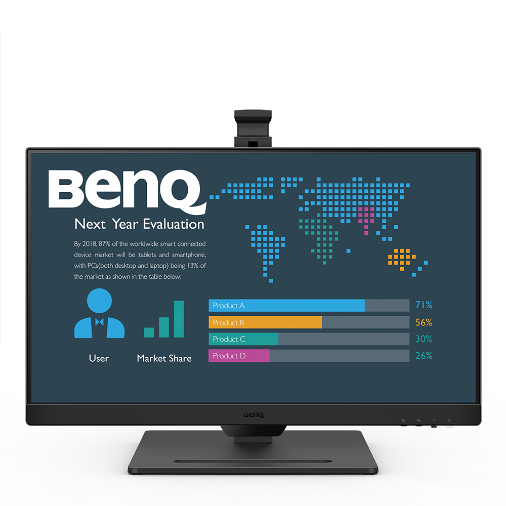 Ein BenQ-Monitor zeigt eine Marktanalyse-Grafik. Die Grafik zeigt Marktanteilsprozentsätze für Produkte mit einer Weltkarten-Grafik im Hintergrund.