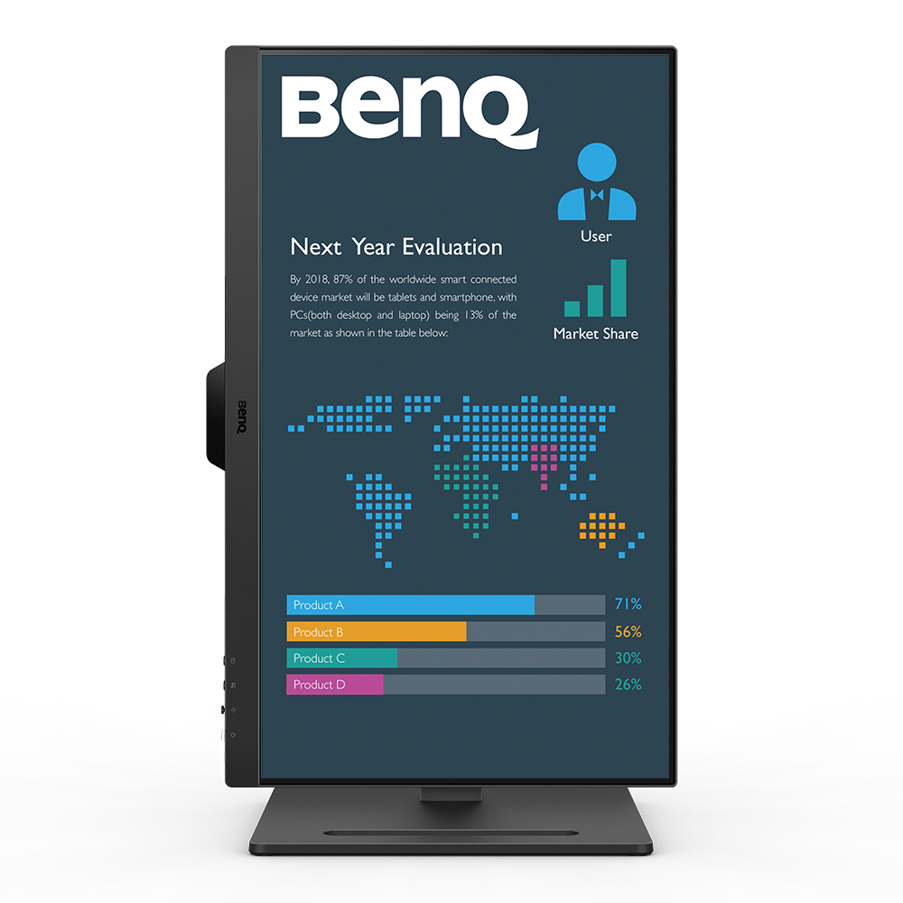Ein BenQ-Monitor zeigt eine Marktanteilsgrafik. Daten umfassen Prozentsätze für Produkt A, B, C und D sowie eine Weltkarte.